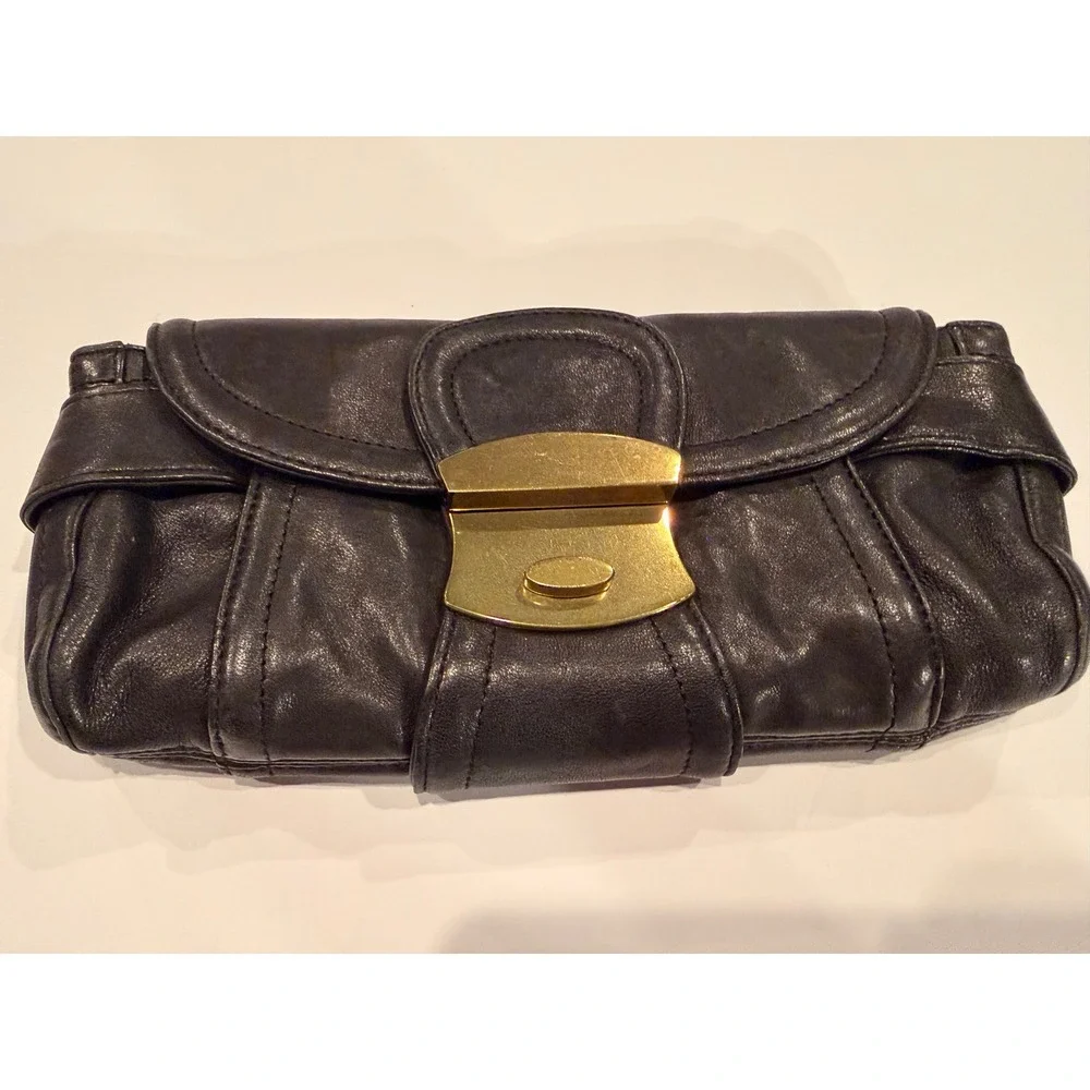 Kooba Black Leather Clutch Handbag Gold Hardware Evening Bag
